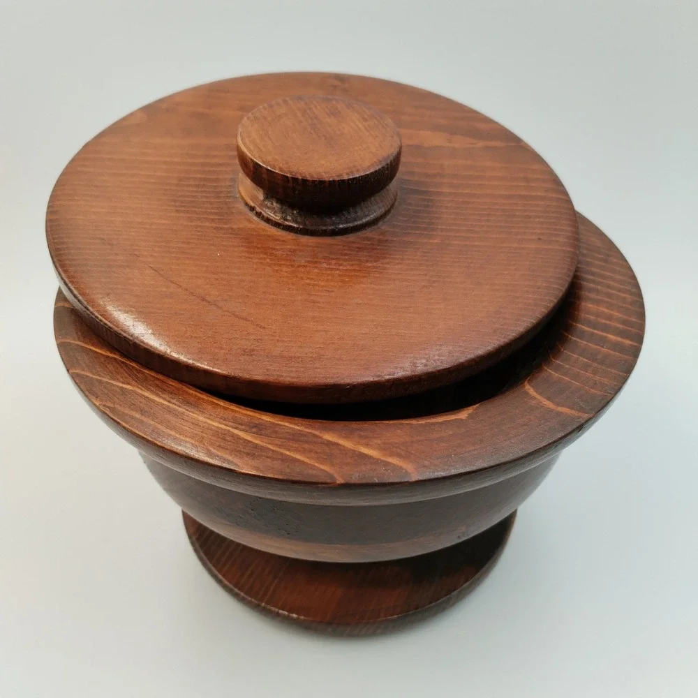 Vintage Hand Turned Wood Lidded Pedestal Bowl Artisan Signed 